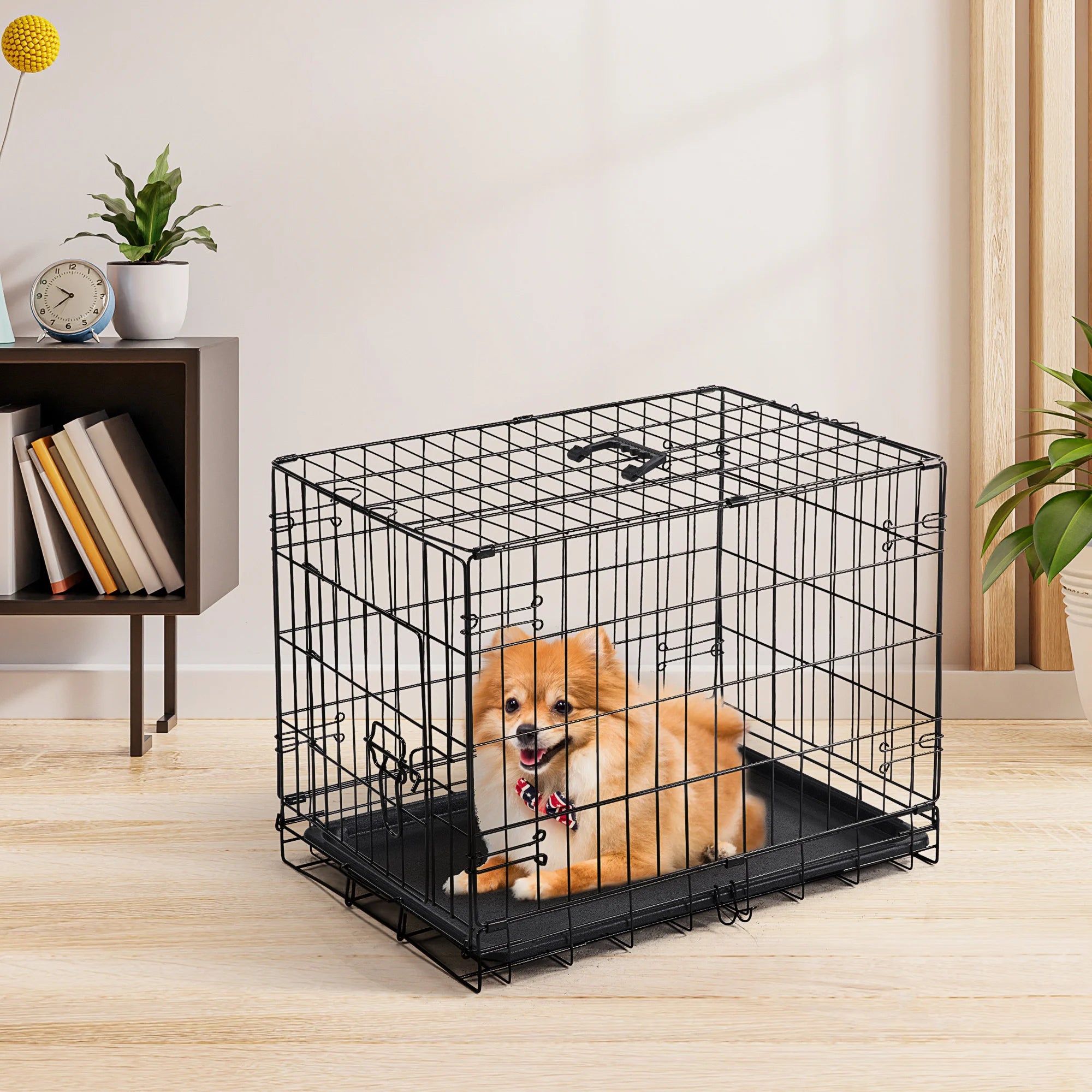 Folding Metal Wire Dog Cage with Plastic Leak-Proof Pan Tray