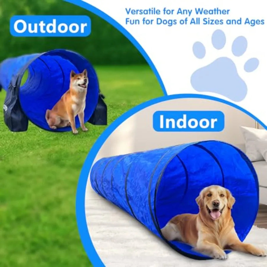 Dog Agility Training Equipment Tunnel: 10 Foot Agility Tunnel with 2 Pack Sandbags Carry Bag and 4 Ground Spikes.Ideal Agility
